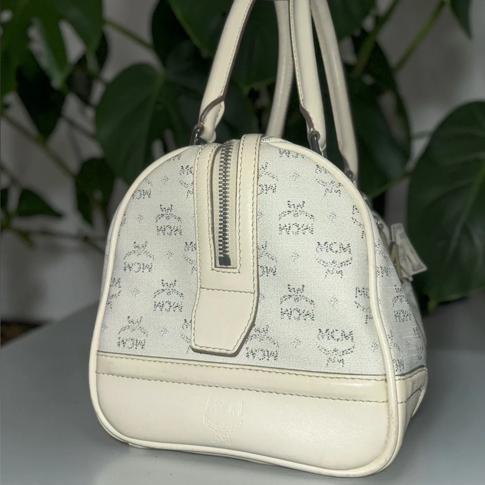 MCM Cream Logo Satchel with Gold Plaque and Charm